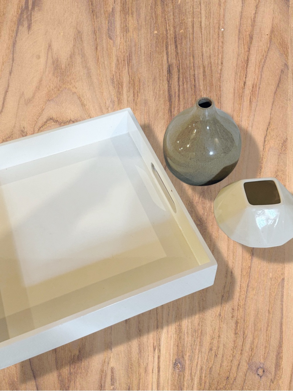 West elm decor. White Wooden Serving Tray with Neutral Ceramic Vases
